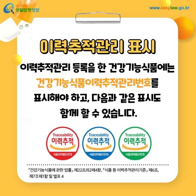 이력추적관리 표시: 이력추적관리 등록을 한 건강기능식품에는 건강기능식품이력추적관리번호를 표시해야 하고, 다음과 같은 표시도 함께 할 수 있습니다. 「건강기능식품에 관한 법률」 제22조의2제4항, 「식품 등 이력추적관리기준」 제6조, 제7조제1항 및 별표 4